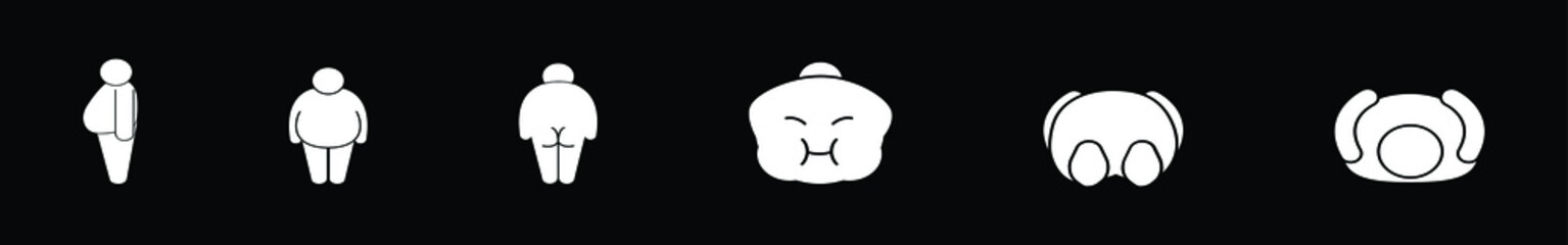 Set of isolated white icons on a theme fat man isolated on black background