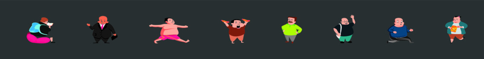 set of obese character. fat boy. cartoon vector illustration with various model isolated on dark background