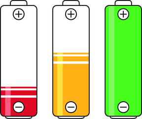 Low, charging and full battery power energy level symbols vector graphics