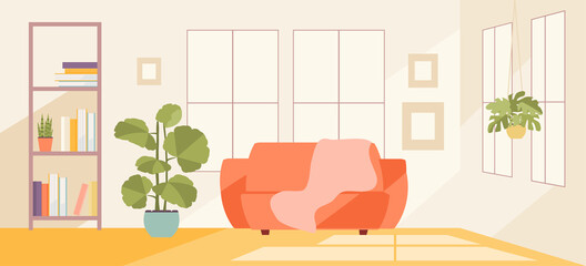 Warm living room with windows, sofa and flowers. Home comfort vector illustration - obrazy, fototapety, plakaty