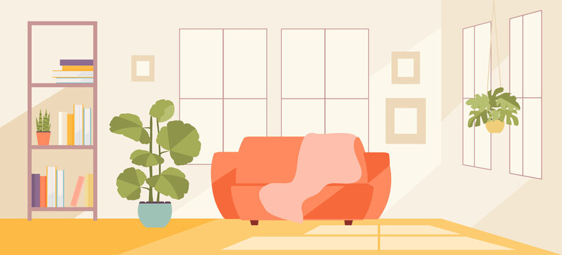 Warm Living Room With Windows, Sofa And Flowers. Home Comfort Vector Illustration