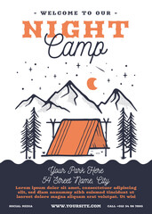 Summer night festival camp flyer A4 format. Tent life Adventure poster graphic design with forest scene and text. Stock vector retro card