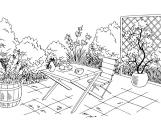 Garden graphic backyard table black white sketch illustration vector
