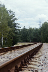 The railway in the countryside. Empty rail track surrounded by trees.