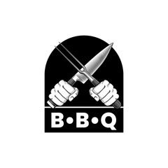 Two hands with crossed knife and fork. Vector sign in engrave style. B-B-Q or cooking stock vector illustration. 