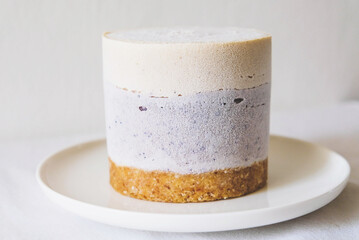 Vegan vanilla blueberry cheesecake against white background.