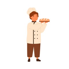 Adorable child, cute boy in chef baker uniform. Boy in cooking toques, serving wheat bread, baguette. Kitchen chief cook portrait. Flat vector cartoon illustration isolated on white background