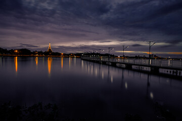 Colorful light blue evening. Wat Phra That Kaen Nakorn or Wat Nong Wang. It is a beautiful temple in Khon Kaen. It is attractive to tourists to visit the beauty. In the Northeast of Thailand.