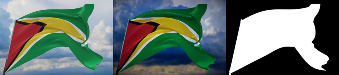 Fototapeta na wymiar Waving flags of the world - flag of Guyana. Set of 2 flags and alpha matte image. Very high quality mask without unwanted edge. High resolution for professional composition. 3D illustration.