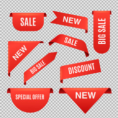 Corner sale ribbons and banners, realistic vector illustrations set isolated. - obrazy, fototapety, plakaty