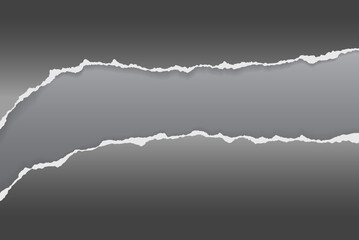 Strips of torn, ripped black paper with soft shadow are on dark grey background for text. Vector illustration