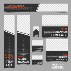 Set of web banners in standard size. Black color templates, with place for photo. Vector background illustration