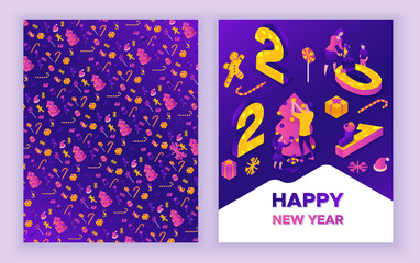 New year 2021 isometric greeting card, 3d illustration, print 2 side template, family celebrating winter holiday party, christmas event concept, parents, cartoon people together, purple color
