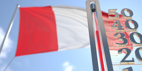 Thermometer shows high air temperature against blurred flag of Peru. Hot weather forecast related 3D rendering