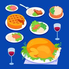 Traditional thanksgiving holidays dinner food. Celebration meals on a Thanksgiving day. Festive banquet dishes. Vector cartoon illustrations set.