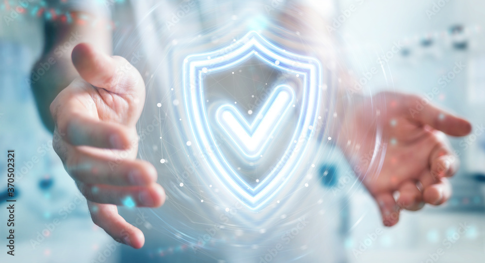 Aufkleber man using digital shield protection blue holographic interface 3d rendering