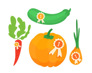 Giant vegetables championship winner. Champion of the tournament. The best vegetable: largest carrot, onion, pumpkin, zucchini. First place medal.