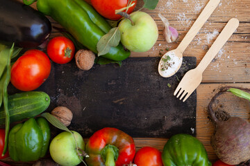 Composition with a variety of fresh vegetables. Balanced diet. space for text