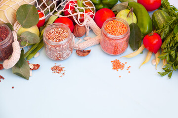 vegetables and fruits in an eco-grid. Eco-friendly product delivery concept