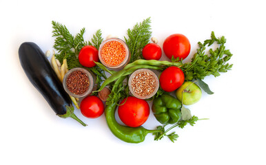 different vegetables and fruits on a white isolated background.
