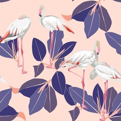 Seamless pattern with white flamingos and abstract blue tropical branch with leaves. Simple design for fabric. Light pattern. Orange background.