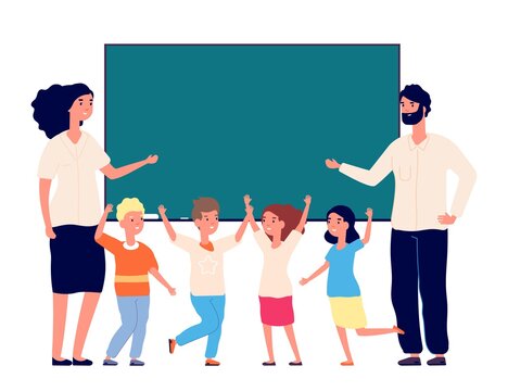 Back to school. Preschool students, teachers at chalkboard. Isolated happy international kids class. Summer education camp. Teachers day vector illustration. School and chalkboard, student education