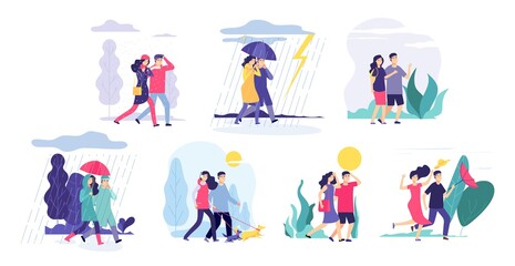 Fototapeta na wymiar Couple walking weather. Girl boy walk, seasonal rain thunderstorm cloudy sun. People outdoors spring winter summer vector concept. Walking weather, cartoon people couple with umbrella illustration