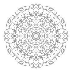 Outline round Mandala ornament isolated on white background. Circular oriental pattern for tattoo, wedding decoration, henna mehndi, coloring book page, print, anti-stress therapy, yoga. Vector image