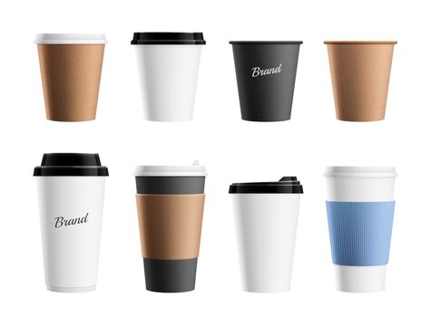 Paper cup mockup. Brown eco mug template for coffee cappuccino latte. Branding realistic drinks package or take away containers vector set. Tea and coffee hot beverage cup illustration