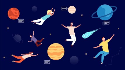 Travel in Universe. Virtual reality glasses entertainment, astronomy augmented reality game. Zero gravity people flying in space with planets and asteroids vector illustration. Visual entertainment