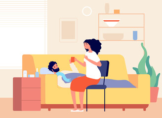 Cold disease. Man illness home, sick person on sofa with cough and fever. Girl and flu boy, woman treats boyfriend vector illustration. Flu cold, sick man unwell, influenza and fever