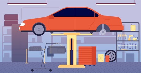 Naklejka premium Garage interior. Car repair service, tool equipment storage. Technology inventory for auto, house empty workshop room vector illustration. Auto repair equipment, car service garage interior
