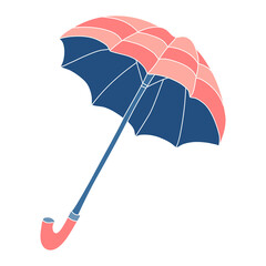 Open striped coral and blue umbrella. Hand drawn vector illustration isolated on white background.