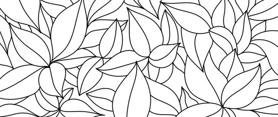 Black and white wallpaper design with leaf. Leaves line arts background design for fabric, prints and background texture, Vector illustration.