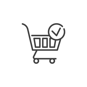 Purchase confirmation line icon. linear style sign for mobile concept and web design. Shopping cart check mark outline vector icon. Symbol, logo illustration. Vector graphics