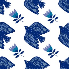 Vector seamless pattern of birds and flowers in folk art. For sublimation design, printing, poster design, postcard making, stationery, fabric printing, blog design, logos, packaging.