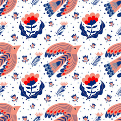Vector seamless pattern of birds and flowers in folk art. For sublimation design, printing, poster design, postcard making, stationery, fabric printing, blog design, logos, packaging. © KiraKonoshenko