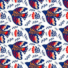 Vector seamless pattern of birds and flowers in folk art. For sublimation design, printing, poster design, postcard making, stationery, fabric printing, blog design, logos, packaging.