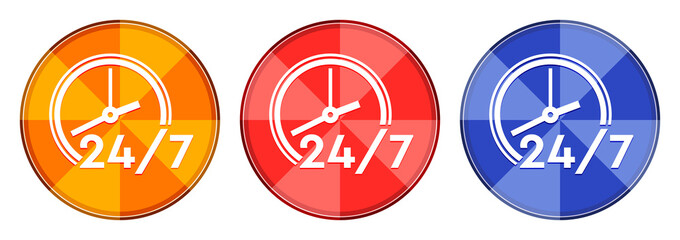 24/7 clock icon burst light round button set illustration