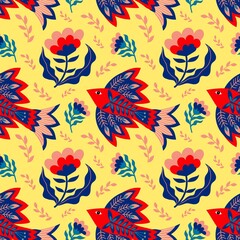 Vector seamless pattern of birds and flowers in folk art. For sublimation design, printing, poster design, postcard making, stationery, fabric printing, blog design, logos, packaging.