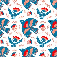 Vector seamless pattern of birds and flowers in folk art. For sublimation design, printing, poster design, postcard making, stationery, fabric printing, blog design, logos, packaging.