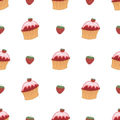 Sweet cupcake seamless pattern vector with strawberries.