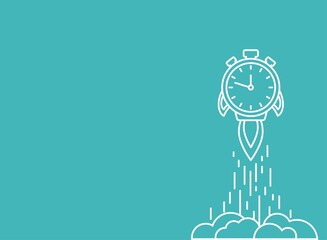 white line stopwatch rocket ship with fire and clouds. Fast time stop watch, limited offer, deadline symbol.