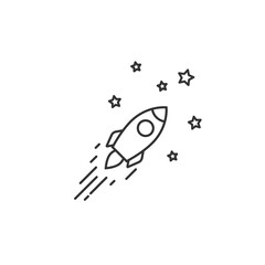 Outline rocket ship with stars. Isolated on white. Flat line icon.