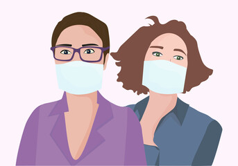 a portrait of two women in medical masks. For protection against viral diseases, environmental and air pollution. flat design. vector illustration.