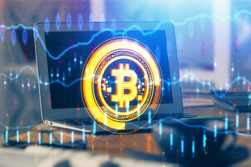 Multi exposure of blockchain theme hologram and table with computer background. Concept of bitcoin...