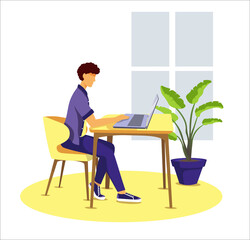 Man studying or working at home. Work at home, freelance, home office, online job, e-learning concept. Isolated vector illustration.
