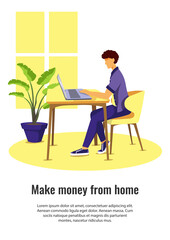 Flyer design with man working at home. Work at home, freelance, home office, online job concept. A4 vector illustration for flyer, banner and poster.