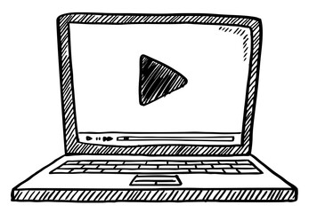 Cartoon style doodle of media player on laptop screen. Hand drawn doodle vector illustration.