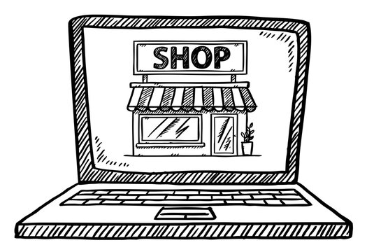 Cartoon style doodle of online shop on laptop screen. Hand drawn doodle vector illustration.
